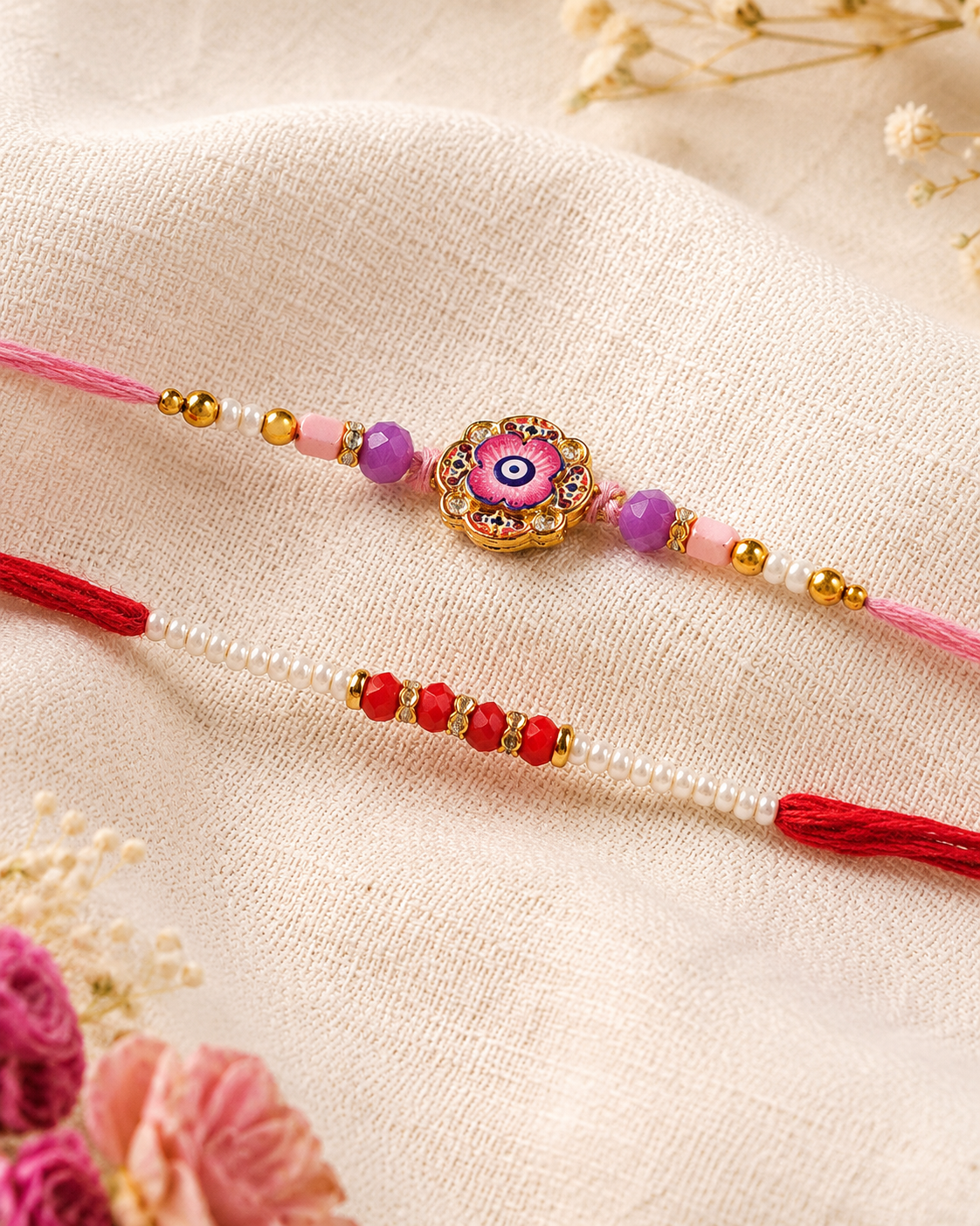 DivoRama Set of 2 Evil Eye Rakhi for Brother | Nazar Suraksha Floral Rakhi with Pearl Beads | Designer Rakhi for Bhaiya Bhai | Raksha Bandhan 2026 Thread Rakhi Combo