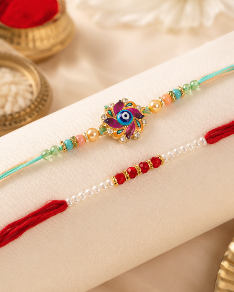 DivoRama Set of 2 Evil Eye Rakhi for Brother | Meenakari Floral Nazariya Rakhi with AD Stones & Pearls | Designer Rakhi for Bhaiya Bhai | Raksha Bandhan 2026 Thread Rakhi