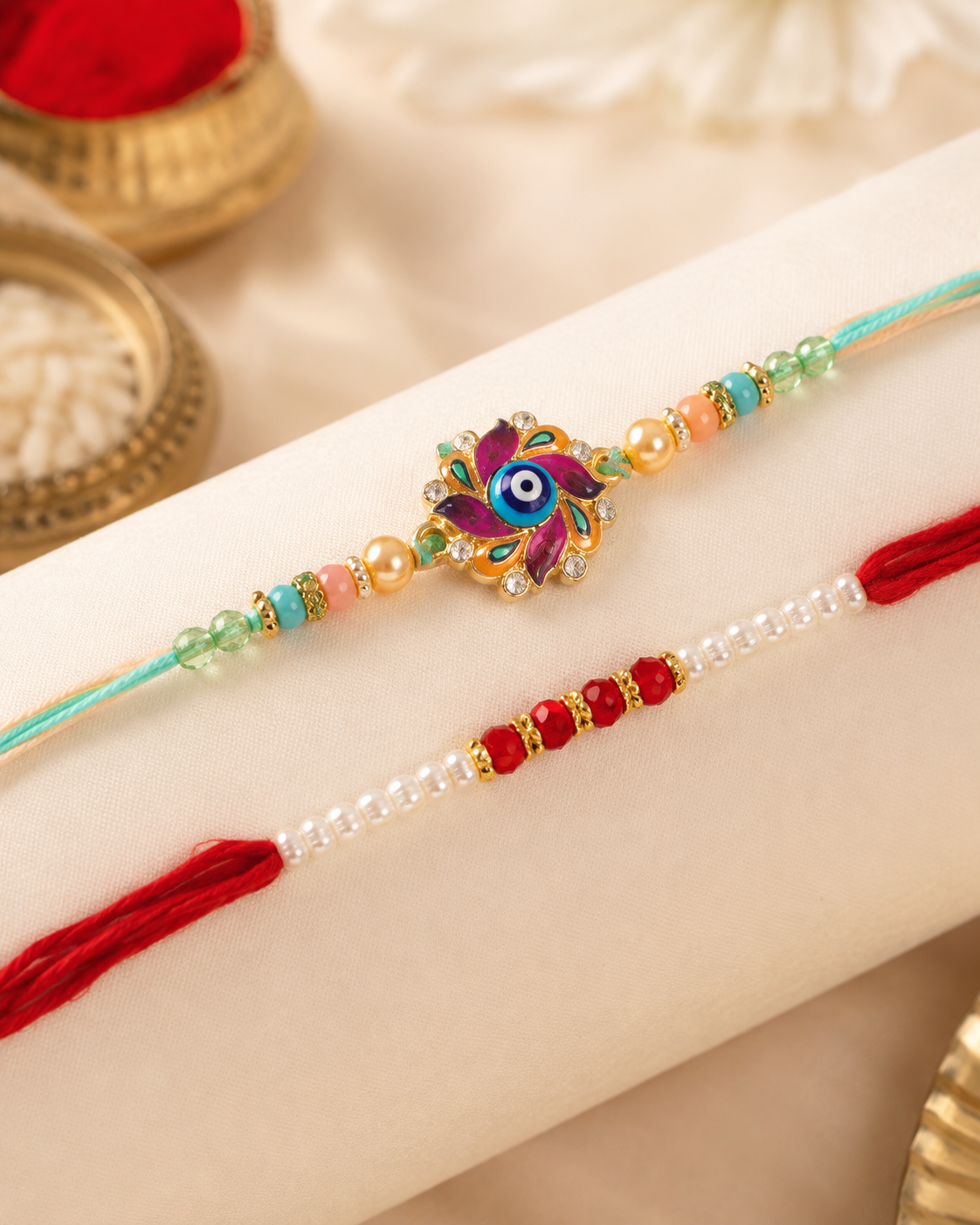 DivoRama Set of 2 Evil Eye Rakhi for Brother | Meenakari Floral Nazariya Rakhi with AD Stones & Pearls | Designer Rakhi for Bhaiya Bhai | Raksha Bandhan 2026 Thread Rakhi