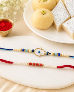 DivoRama Set of 2 Rakhis for Brother | Nazar Suraksha Rakhi & Red White Pearls Rakhi | Spiritual Designer Rakhi for Bhaiya Bhai | Raksha Bandhan 2026