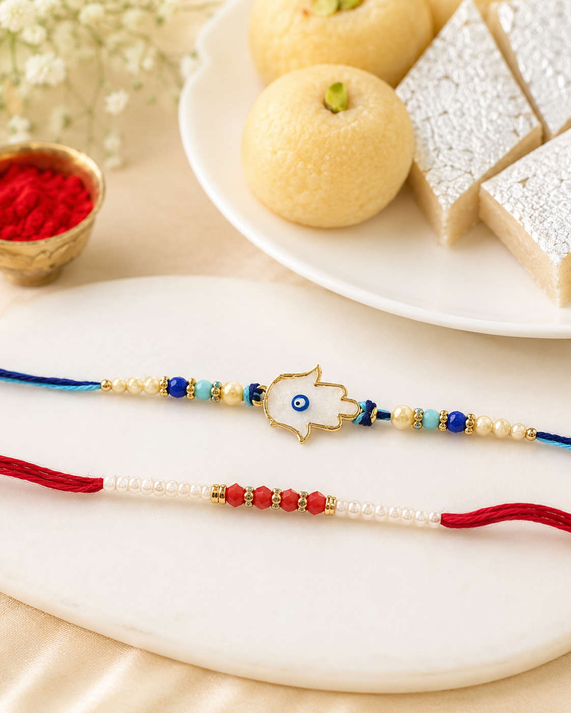 DivoRama Set of 2 Hamsa Evil Eye Rakhi for Brother | Mother of Pearl Nazar Suraksha Rakhi with Pearls | Spiritual Designer Rakhi for Bhaiya Bhai | Raksha Bandhan 2026
