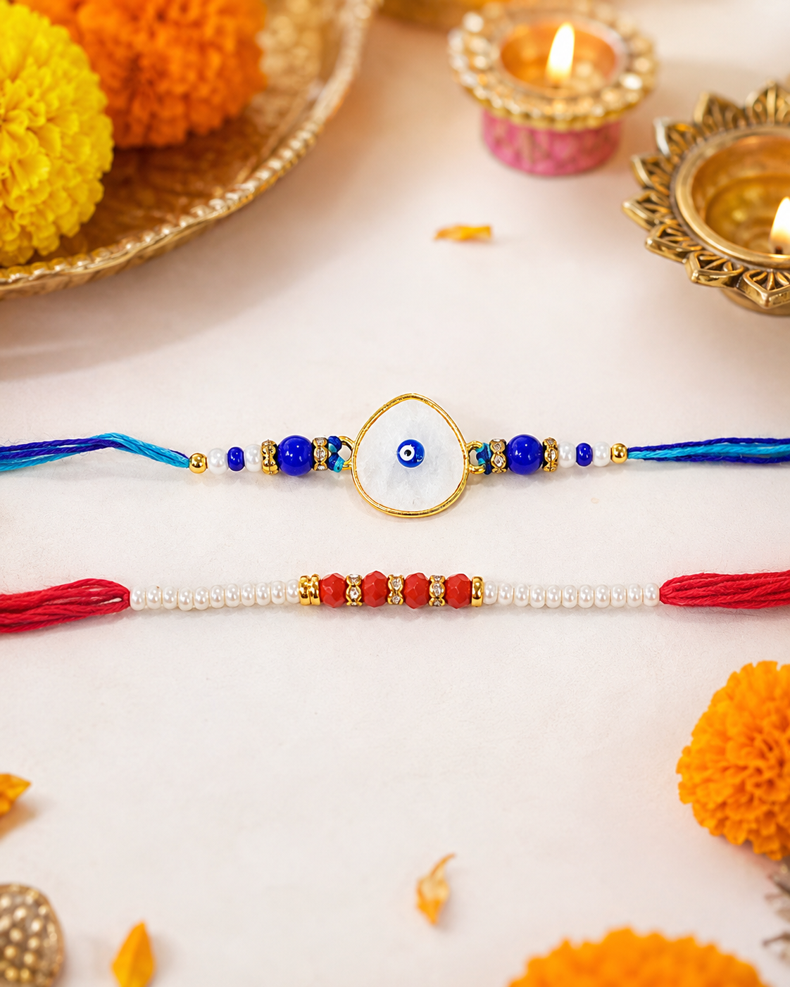 DivoRama Set of 2 Evil Eye Rakhi for Brother | Heart Mother of Pearl Nazar Rakhi with Blue Beads & Pearls | Designer Rakhi for Bhaiya Bhai | Raksha Bandhan 2026 Thread Rakhi