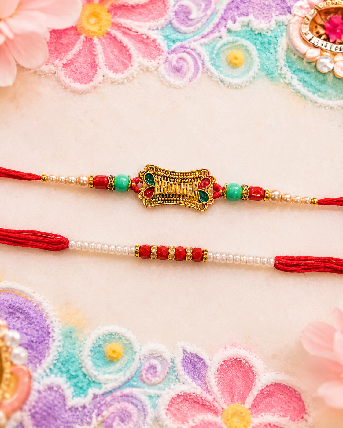 DivoRama Set of 2 BROTHER Rakhi for Brother | Antique Gold Message Rakhi with Red Green Beads & Pearl Rakhi | Designer Rakhi for Bhaiya Bhai | Raksha Bandhan 2026 Thread Rakhi