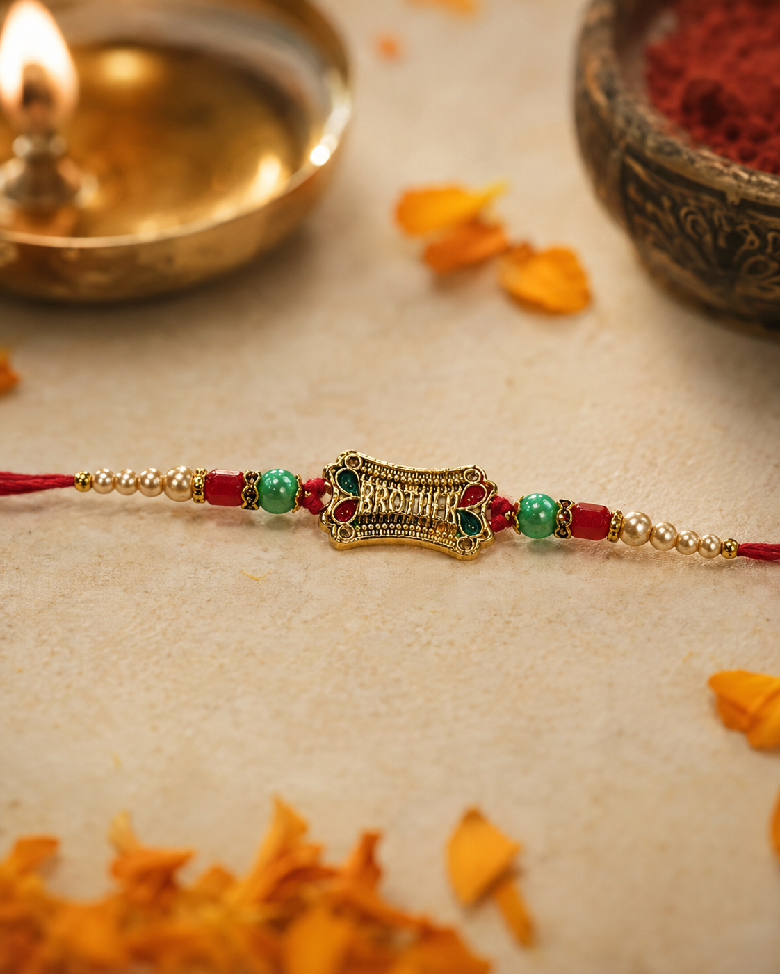 DivoRama Set of 2 BROTHER Rakhi for Brother | Antique Gold Message Rakhi with Red Green Beads & Pearl Rakhi | Designer Rakhi for Bhaiya Bhai | Raksha Bandhan 2026 Thread Rakhi