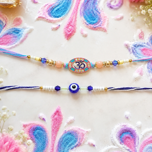 DivoRama Set of 2 Om Rakhi for Brother | Oval Meenakari Om & Nazariya Evil Eye Rakhi with Pearls | Spiritual Rakhi for Bhaiya Bhai | Raksha Bandhan 2026 Designer Thread Rakhi