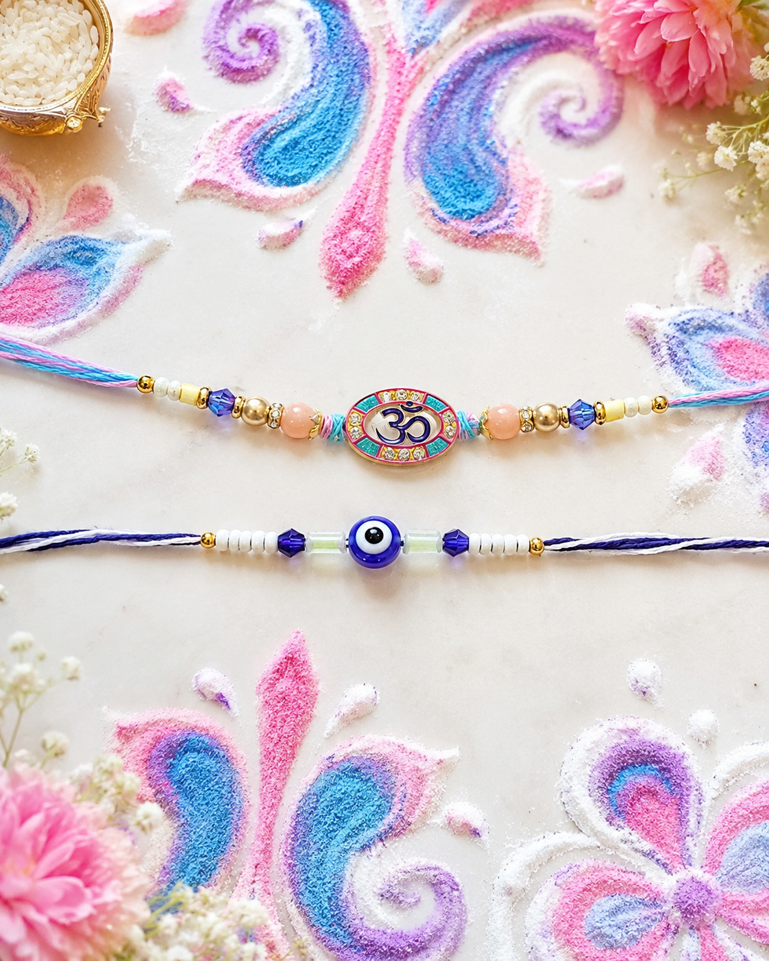 DivoRama Set of 2 Om Rakhi for Brother | Oval Meenakari Om & Nazariya Evil Eye Rakhi with Pearls | Spiritual Rakhi for Bhaiya Bhai | Raksha Bandhan 2026 Designer Thread Rakhi