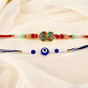DivoRama Set of 2 Om Rakhi for Brother | Kundan Om Motif & Evil Eye Nazar Rakhi with Red Green Beads | Spiritual Designer Rakhi for Bhaiya Bhai | Raksha Bandhan 2026 Thread Rakhi