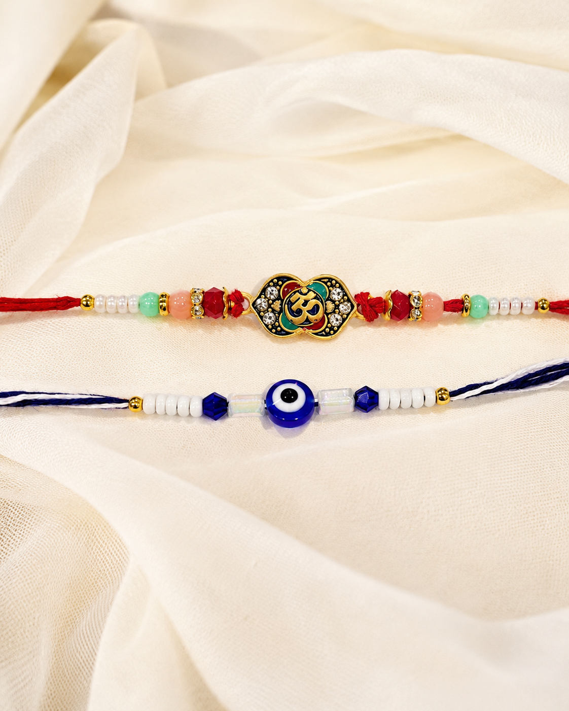 DivoRama Set of 2 Om Rakhi for Brother | Kundan Om Motif & Evil Eye Nazar Rakhi with Red Green Beads | Spiritual Designer Rakhi for Bhaiya Bhai | Raksha Bandhan 2026 Thread Rakhi