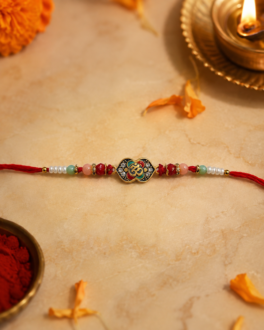 DivoRama Set of 2 Om Rakhi for Brother | Kundan Om Motif & Evil Eye Nazar Rakhi with Red Green Beads | Spiritual Designer Rakhi for Bhaiya Bhai | Raksha Bandhan 2026 Thread Rakhi