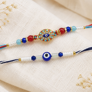 DivoRama Set of 2 Evil Eye Rakhi for Brother | AD Stone Nazariya Rakhi with Crystal & Pearl Beads | Designer Nazar Suraksha Rakhi for Bhaiya Bhai | Raksha Bandhan 2026 Thread Rakhi