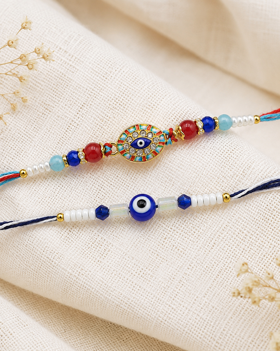 DivoRama Set of 2 Evil Eye Rakhi for Brother | AD Stone Nazariya Rakhi with Crystal & Pearl Beads | Designer Nazar Suraksha Rakhi for Bhaiya Bhai | Raksha Bandhan 2026 Thread Rakhi
