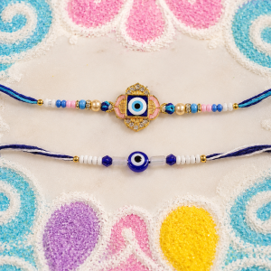 DivoRama Set of 2 Evil Eye Rakhi for Brother | Gold Clover Nazar Rakhi with AD Stones & Pastel Beads | Designer Nazariya Rakhi for Bhaiya Bhai | Raksha Bandhan 2026 Thread Rakhi