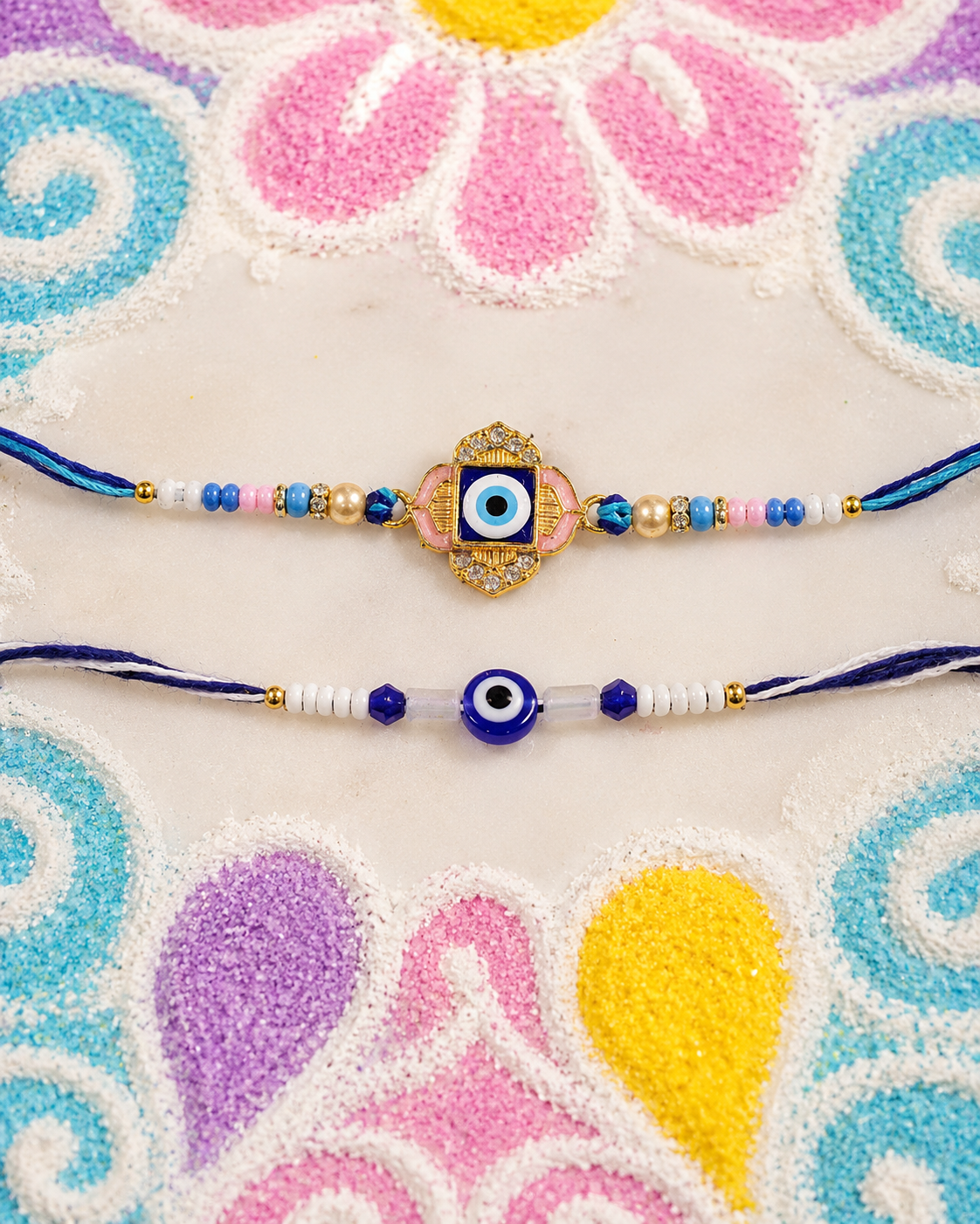 DivoRama Set of 2 Evil Eye Rakhi for Brother | Gold Clover Nazar Rakhi with AD Stones & Pastel Beads | Designer Nazariya Rakhi for Bhaiya Bhai | Raksha Bandhan 2026 Thread Rakhi