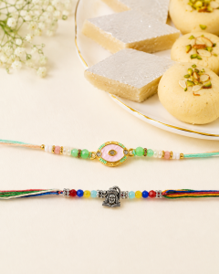 DivoRama Set of 2 Evil Eye & Shiva Rakhi for Brother | Mother of Pearl Nazar Rakhi with Oxidized Silver Shiva Rakhi | Spiritual Designer Rakhi for Bhaiya Bhai | Raksha Bandhan 2026