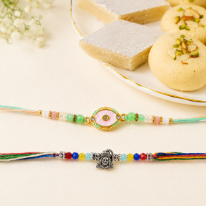 DivoRama Set of 2 Evil Eye & Deity Rakhi for Brother | Mother of Pearl Nazar Rakhi with Oxidised Silver God Rakhi | Spiritual Designer Rakhi for Bhaiya Bhai | Raksha Bandhan 2026