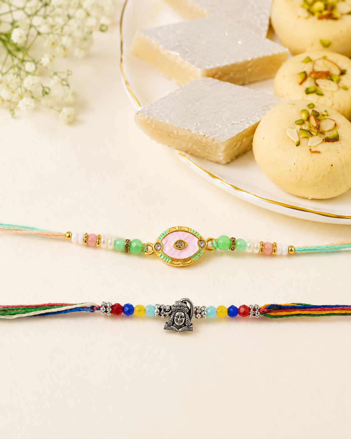 DivoRama Set of 2 Evil Eye & Deity Rakhi for Brother | Mother of Pearl Nazar Rakhi with Oxidised Silver God Rakhi | Spiritual Designer Rakhi for Bhaiya Bhai | Raksha Bandhan 2026