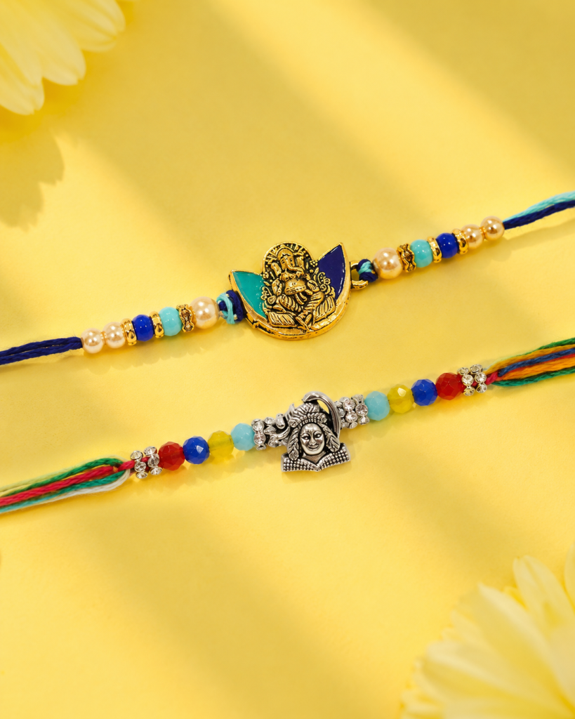 DivoRama Set of 2 Ganesha Rakhi for Brother | Blue Meenakari Ganpati & Oxidised Silver God Rakhi | Spiritual Designer Rakhi for Bhaiya Bhai | Raksha Bandhan 2026 Thread Rakhi