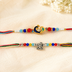 DivoRama Set of 2 Peacock Rakhi for Brother | Meenakari Mor Heart & Oxidised Silver God Rakhi with Pearls | Designer Spiritual Rakhi for Bhaiya Bhai | Raksha Bandhan 2026 Thread Rakhi