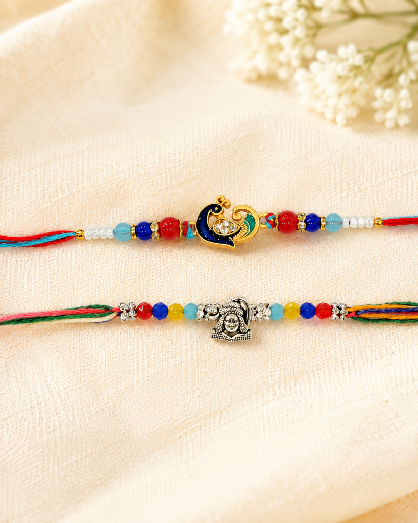 DivoRama Set of 2 Peacock Rakhi for Brother | Meenakari Mor Heart & Oxidised Silver God Rakhi with Pearls | Designer Spiritual Rakhi for Bhaiya Bhai | Raksha Bandhan 2026 Thread Rakhi