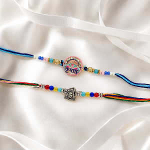 DivoRama Set of 2 Handmade Beaded Rakhi for Brother | Phool Bead-Art & Oxidised Silver God Rakhi | Designer Spiritual Rakhi for Bhaiya Bhai | Raksha Bandhan 2026 Thread Rakhi