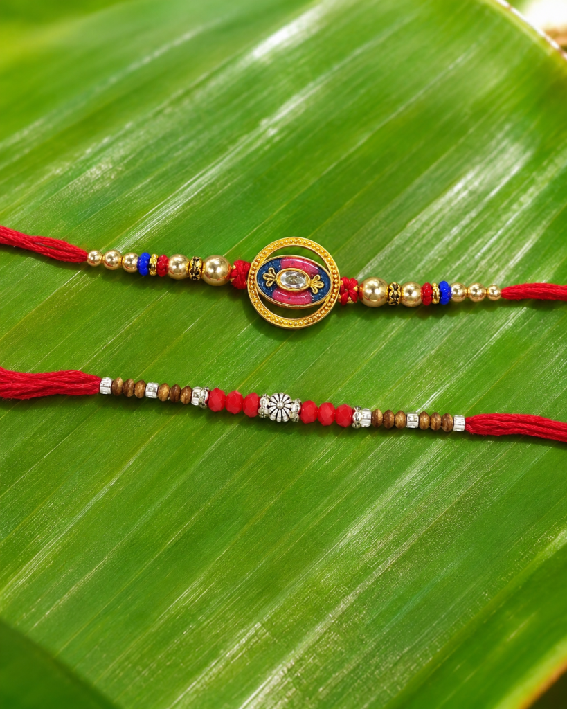 DivoRama Set of 2 Meenakari Rakhi for Brother | Enamel Medallion & Sandalwood Bead Rakhi with Kundan Stone | Traditional Designer Rakhi for Bhaiya Bhai | Raksha Bandhan 2026 Thread Rakhi