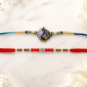 DivoRama Set of 2 Peacock Rakhi for Brother | Meenakari Mor Medallion & Sandalwood Bead Rakhi with AD Stones | Designer Rakhi for Bhaiya Bhai | Raksha Bandhan 2026 Thread Rakhi