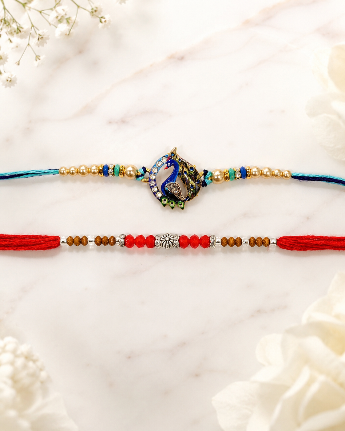 DivoRama Set of 2 Peacock Rakhi for Brother | Meenakari Mor Medallion & Sandalwood Bead Rakhi with AD Stones | Designer Rakhi for Bhaiya Bhai | Raksha Bandhan 2026 Thread Rakhi