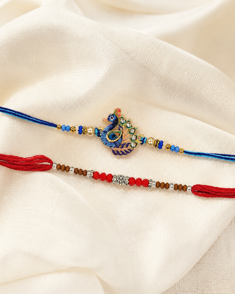 DivoRama Set of 2 Peacock Rakhi for Brother | 3D Mor Bird Charm & Sandalwood Bead Rakhi with Pearls | Designer Rakhi for Bhaiya Bhai | Raksha Bandhan 2026 Thread Rakhi