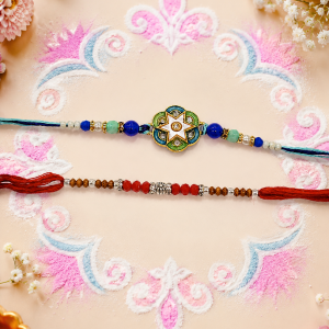 DivoRama Set of 2 Meenakari Rakhi for Brother | Star Enamel Medallion & Sandalwood Bead Rakhi with Kundan | Traditional Designer Rakhi for Bhaiya Bhai | Raksha Bandhan 2026 Thread Rakhi