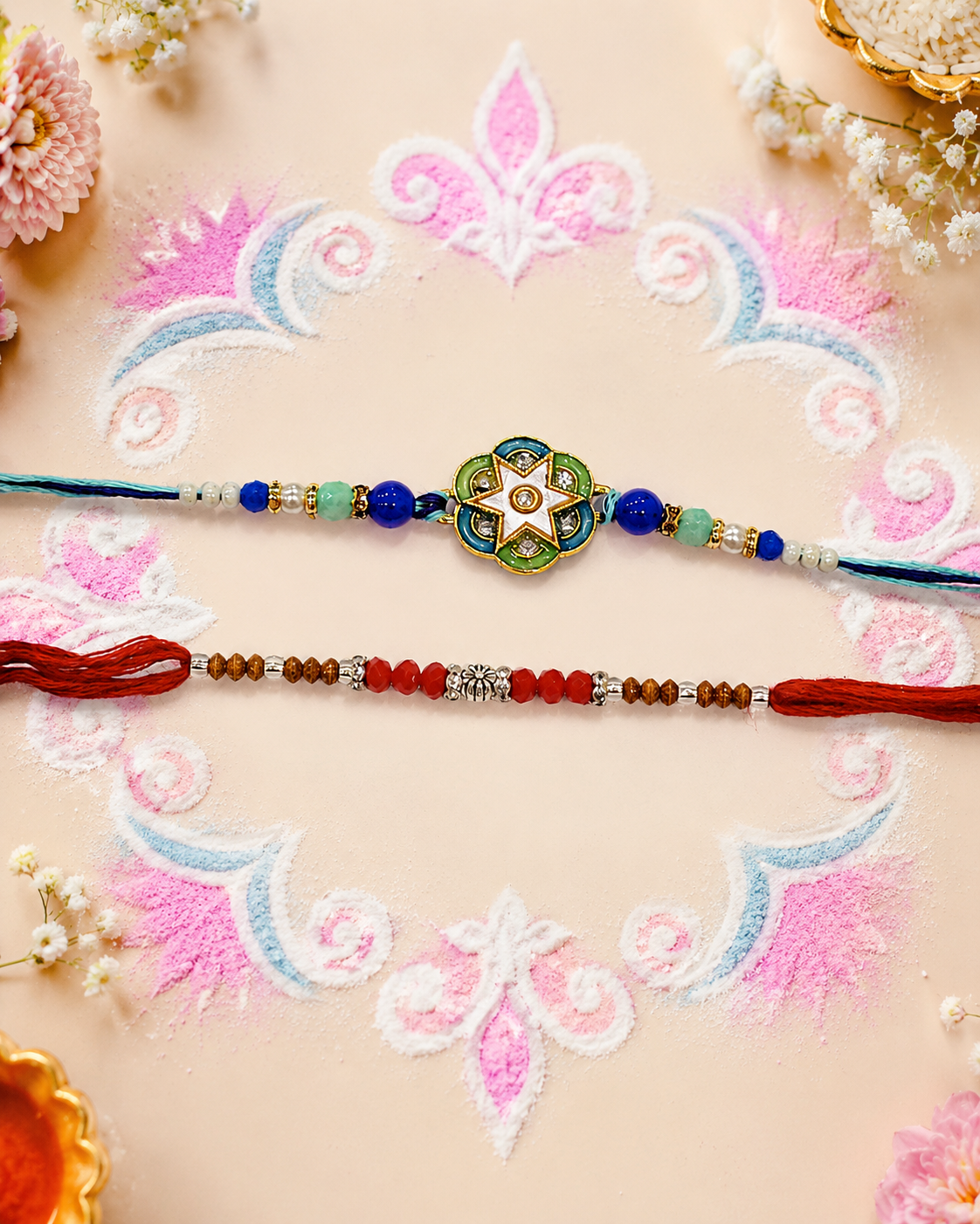 DivoRama Set of 2 Meenakari Rakhi for Brother | Star Enamel Medallion & Sandalwood Bead Rakhi with Kundan | Traditional Designer Rakhi for Bhaiya Bhai | Raksha Bandhan 2026 Thread Rakhi