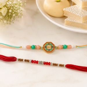 DivoRama Set of 2 Meenakari Rakhi for Brother | Octagon Enamel Medallion & Sandalwood Bead Rakhi with AD Stones | Traditional Designer Rakhi for Bhaiya Bhai | Raksha Bandhan 2026 Thread Rakhi