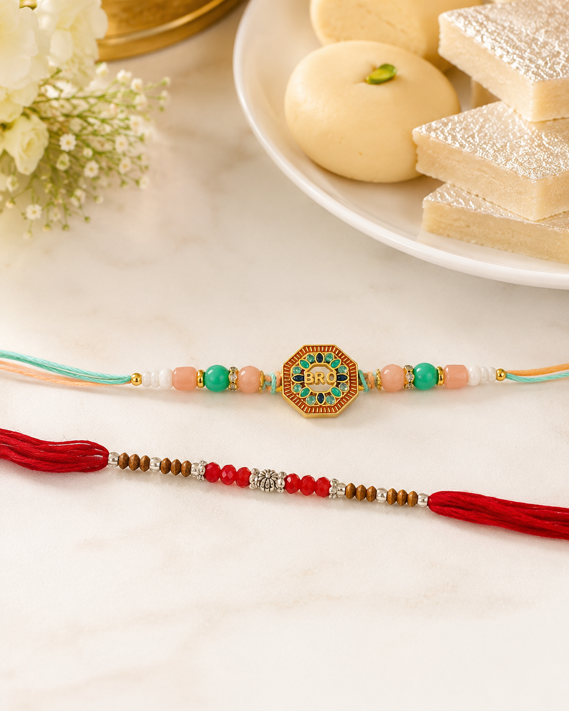 DivoRama Set of 2 Meenakari Rakhi for Brother | Octagon Enamel Medallion & Sandalwood Bead Rakhi with AD Stones | Traditional Designer Rakhi for Bhaiya Bhai | Raksha Bandhan 2026 Thread Rakhi