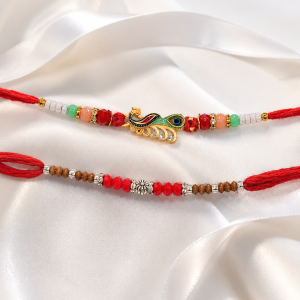 DivoRama Set of 2 Peacock Rakhi for Brother | Mor Bird Charm on Red Thread & Sandalwood Bead Rakhi | Designer Rakhi for Bhaiya Bhai | Raksha Bandhan 2026 Thread Rakhi Combo