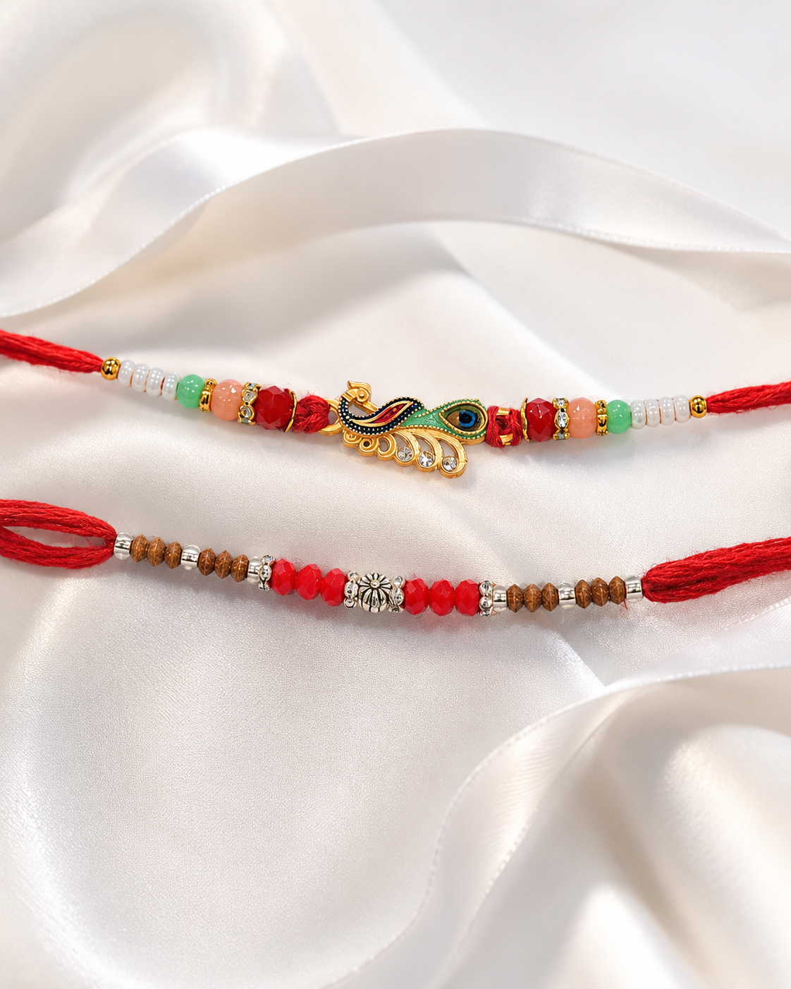 DivoRama Set of 2 Peacock Rakhi for Brother | Mor Bird Charm on Red Thread & Sandalwood Bead Rakhi | Designer Rakhi for Bhaiya Bhai | Raksha Bandhan 2026 Thread Rakhi Combo