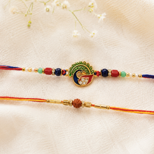 DivoRama Set of 2 Peacock & Rudraksha Rakhi for Brother | Meenakari Mor & Rudraksha Bead Rakhi | Spiritual Designer Rakhi for Bhaiya Bhai | Raksha Bandhan 2026 Thread Rakhi