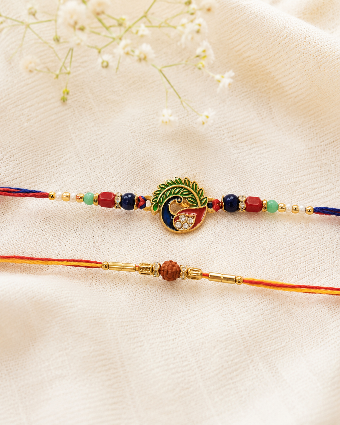 DivoRama Set of 2 Peacock & Rudraksha Rakhi for Brother | Meenakari Mor & Rudraksha Bead Rakhi | Spiritual Designer Rakhi for Bhaiya Bhai | Raksha Bandhan 2026 Thread Rakhi