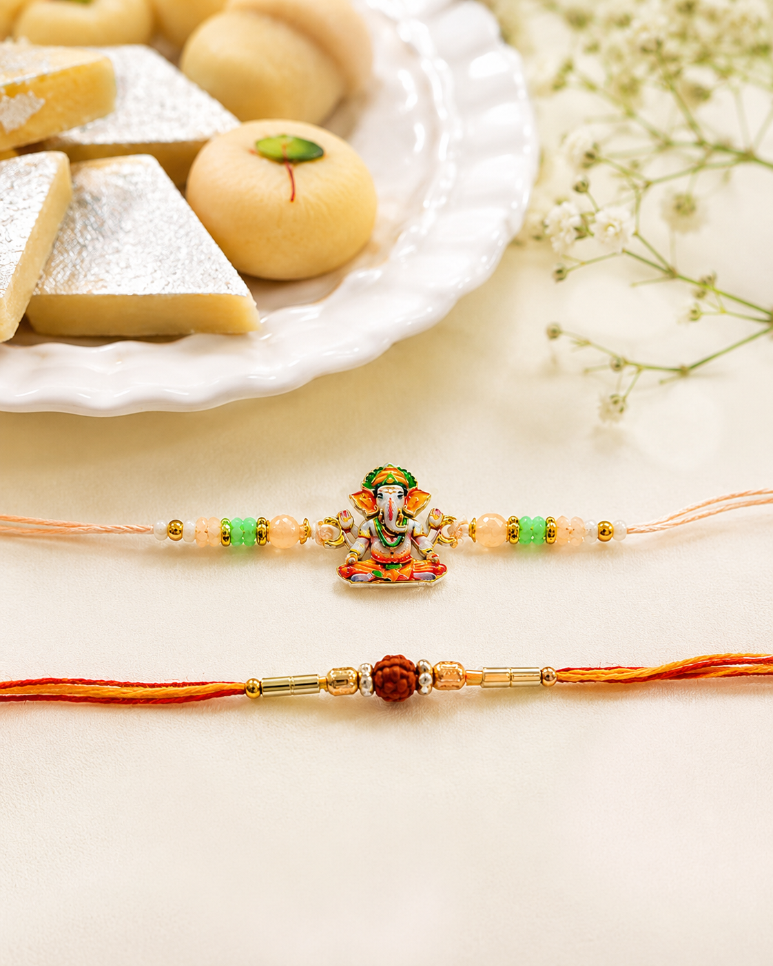 DivoRama Set of 2 Ganesha & Rudraksha Rakhi for Brother | Meenakari Ganpati & Rudraksha Bead Rakhi | Spiritual Designer Rakhi for Bhaiya Bhai | Raksha Bandhan 2026 Thread Rakhi