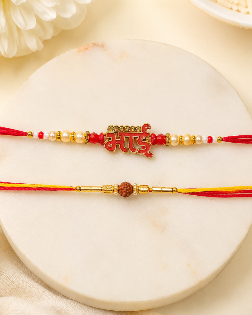DivoRama Set of 2 Bhai Rakhi for Brother | Hindi Bhai Meenakari Name Rakhi & Rudraksha Bead Rakhi | Traditional Designer Rakhi for Bhaiya Bhai | Raksha Bandhan 2026 Thread Rakhi