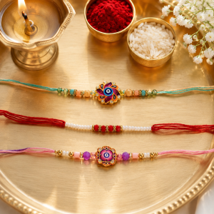 DivoRama Set of 3 Evil Eye Rakhi for Brother | Colourful Nazar Suraksha Flower Rakhi with Pearl Thread Rakhi | Designer Rakhi for Bhaiya Bhai | Raksha Bandhan 2026 Thread Rakhi Combo