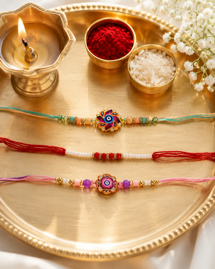 DivoRama Set of 3 Evil Eye Rakhi for Brother | Colourful Nazar Suraksha Flower Rakhi with Pearl Thread Rakhi | Designer Rakhi for Bhaiya Bhai | Raksha Bandhan 2026 Thread Rakhi Combo