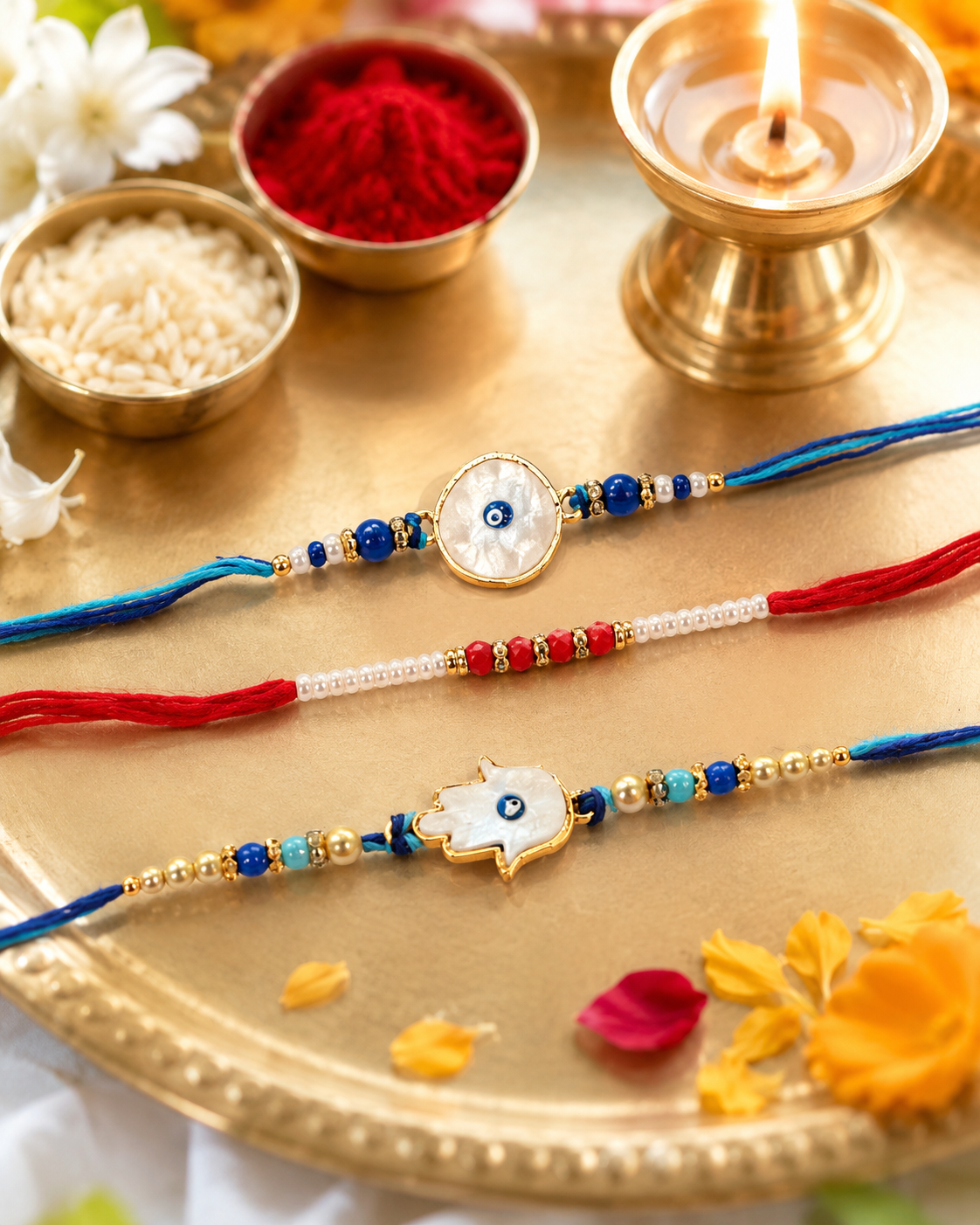 DivoRama Set of 3 Hamsa Evil Eye Rakhi for Brother | Mother of Pearl Nazar Rakhi with Pearl Thread Rakhi | Spiritual Designer Rakhi for Bhaiya Bhai | Raksha Bandhan 2026 Thread Rakhi