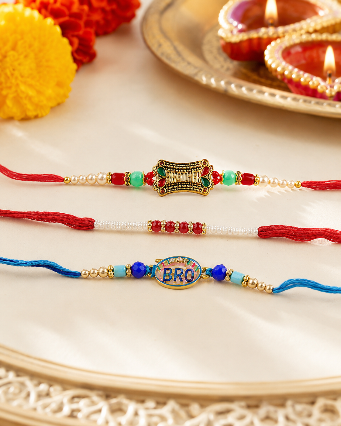 DivoRama Set of 3 BROTHER Rakhi for Brother | Antique Gold BRO & BROTHER Message Rakhi with Pearl Rakhi | Designer Fancy Rakhi for Bhaiya Bhai | Raksha Bandhan 2026 Thread Rakhi