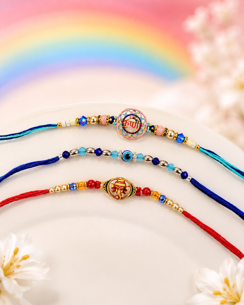 DivoRama Set of 3 Om Spiritual Rakhi for Brother | Om, Evil Eye & Deity Rakhi with Beads | Designer Spiritual Rakhi for Bhaiya Bhai | Raksha Bandhan 2026 Thread Rakhi Combo