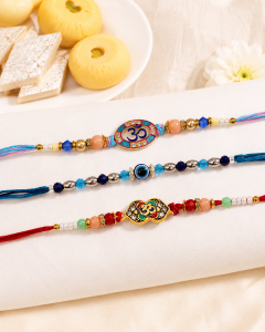 DivoRama Set of 3 Rakhis for Brother | Om, Evil Eye & Floral Meenakari Rakhi with Beads | Spiritual Designer Rakhi for Bhaiya Bhai | Raksha Bandhan 2026 Thread Rakhi Combo of 3