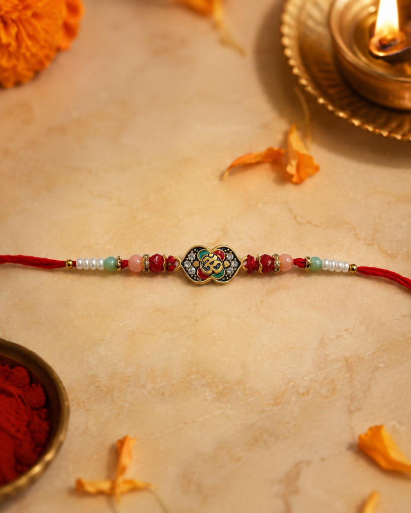 DivoRama Set of 3 Om Rakhi for Brother | Om, Evil Eye & Floral Meenakari Rakhi with Beads | Spiritual Designer Rakhi for Bhaiya Bhai | Raksha Bandhan 2026 Thread Rakhi Combo