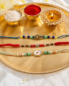 DivoRama Set of 3 Rakhis for Brother | Nazar, Red Chandan Beads & Evil Eye Charm Rakhi | Spiritual Designer Rakhi for Bhaiya Bhai | Raksha Bandhan 2026 Thread Rakhi