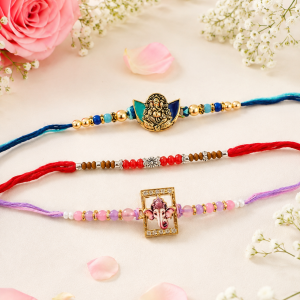 DivoRama Set of 3 Ganesha Rakhi for Brother | Antique & AD Stone Ganpati Spiritual Rakhi with Bead Rakhi | Designer Rakhi for Bhaiya Bhai | Raksha Bandhan 2026 Thread Rakhi Combo