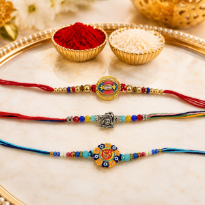 DivoRama Set of 3 Om & Evil Eye Rakhi for Brother | Beaded, Meditating Buddha & Om Nazar Rakhi | Designer Spiritual Rakhi for Bhaiya Bhai | Raksha Bandhan 2026 Thread Rakhi Combo