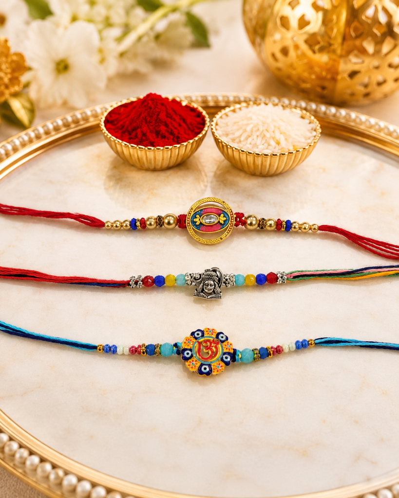 DivoRama Set of 3 Om & Evil Eye Rakhi for Brother | Beaded, Meditating Buddha & Om Nazar Rakhi | Designer Spiritual Rakhi for Bhaiya Bhai | Raksha Bandhan 2026 Thread Rakhi Combo