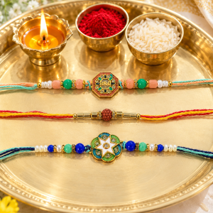 DivoRama Set of 3 BRO & Rudraksha Rakhi for Brother | Meenakari BRO, Floral Star & Rudraksha Rakhi | Designer Spiritual Rakhi for Bhaiya Bhai | Raksha Bandhan 2026 Thread Rakhi